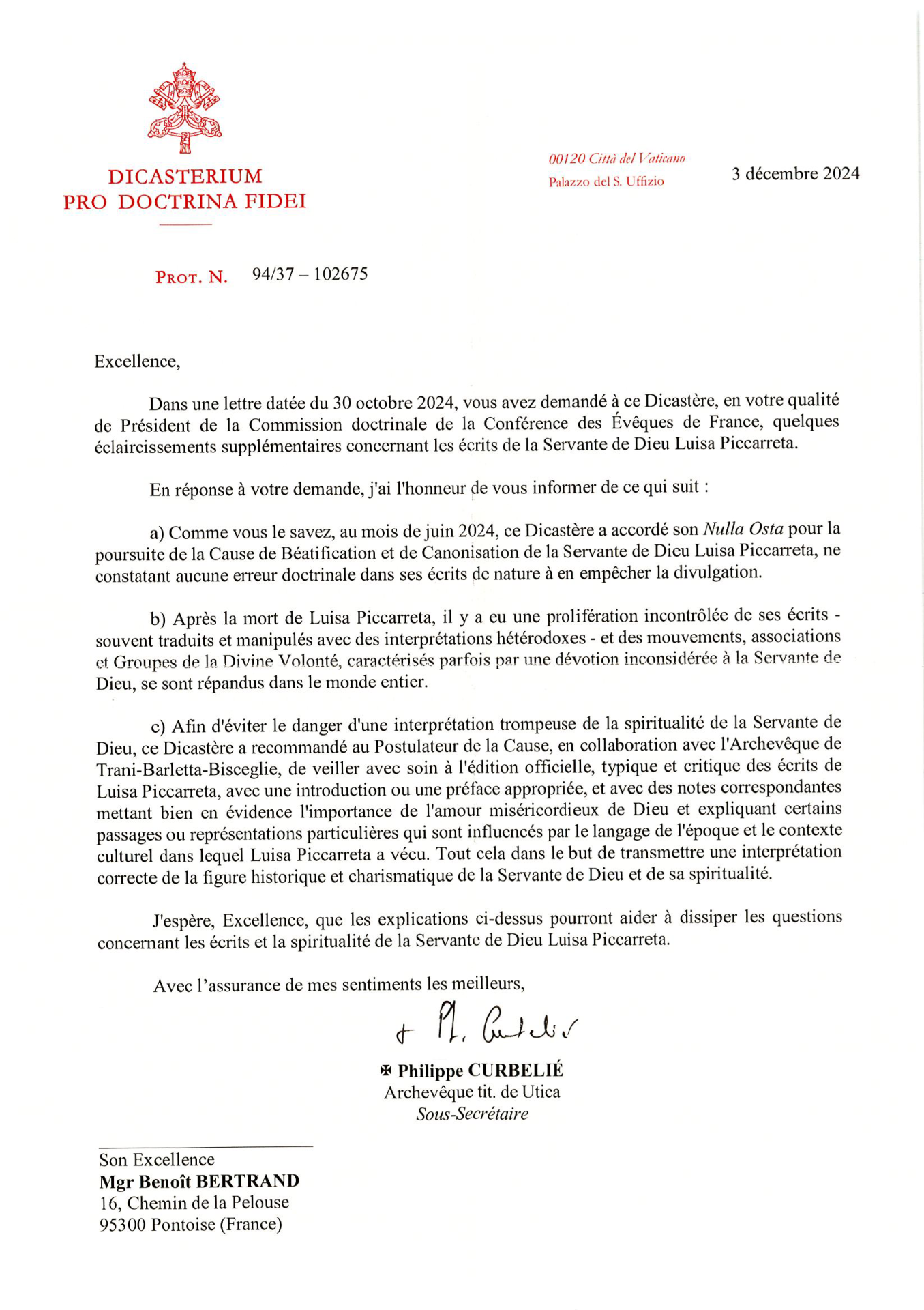 Lettre du dicastère a Mgr Bertrand concernant les écrits Luisa Piccarreta